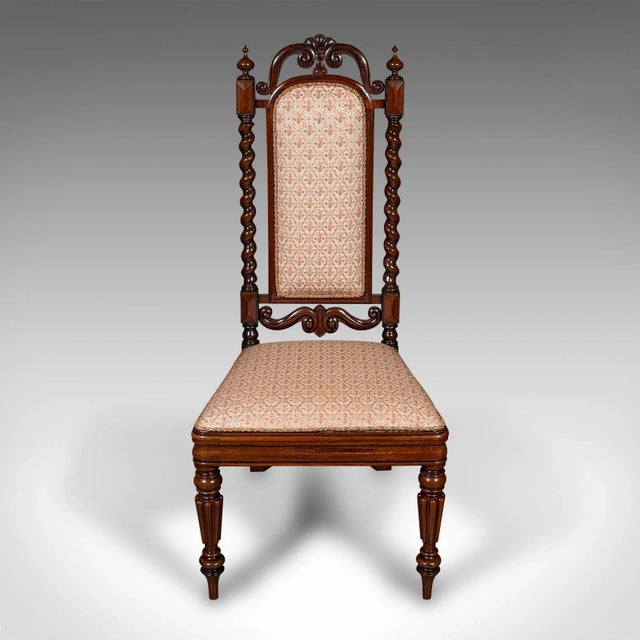 This is an antique morning room chair. An English, rosewood and embroidered silk cotton side seat, dating to the William...