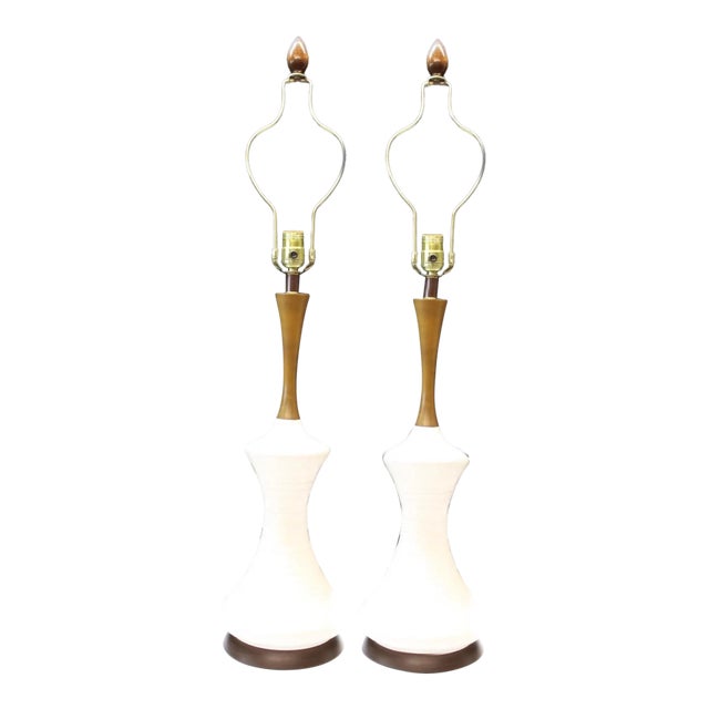 Pair of Mid-Century Textured Ceramic and Wood Hourglass Shaped Lamps For Sale