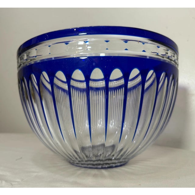 1980s Vintage Bohemian Czech Centerpiece Cobalt Blue Cut to Clear Glass Crystal Bowl For Sale - Image 5 of 9