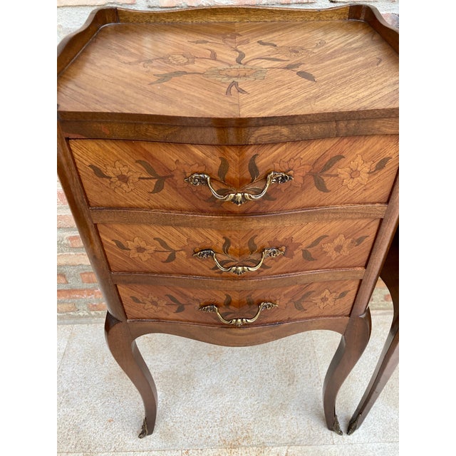 Pair of French Louis XV Revival Inlaid Bedside Tables with Three Drawers, 1940s For Sale - Image 11 of 11