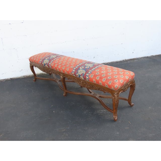 French Heavy Carved Extra Long Upholstered Bed End Hallway Bench 6923 For Sale - Image 9 of 18