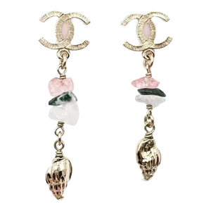 Chanel Gold CC Pink White Stone Shell Dangle Piercing Earrings - 2 Pieces