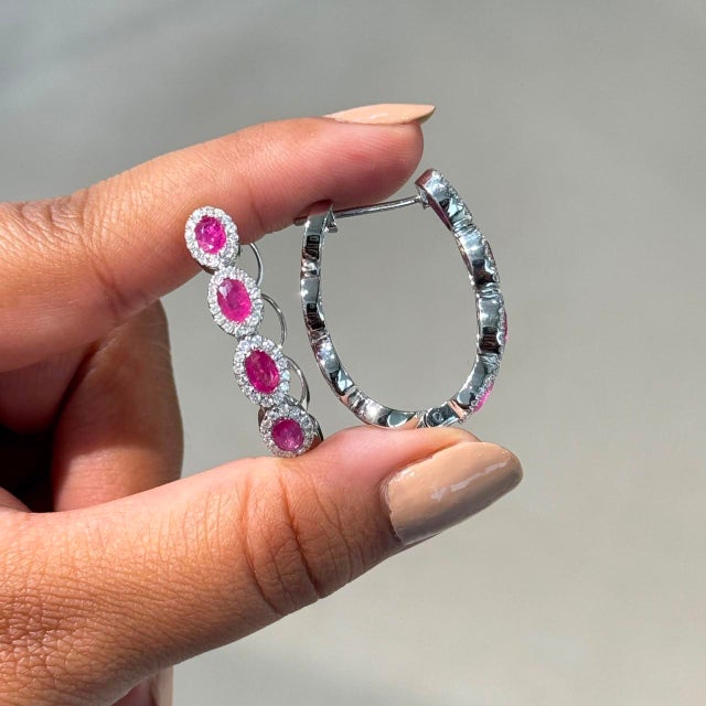 Hollywood Regency Contemporary 14k Gold Natural 2.02ct Ruby & Diamond Halo Hoop Earrings- 2 Pieces For Sale - Image 3 of 18