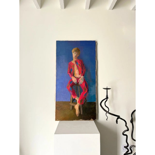 An unusual and bold Mid Century oil on canvas, France c. 1970. This large French painting features a full length portrait...