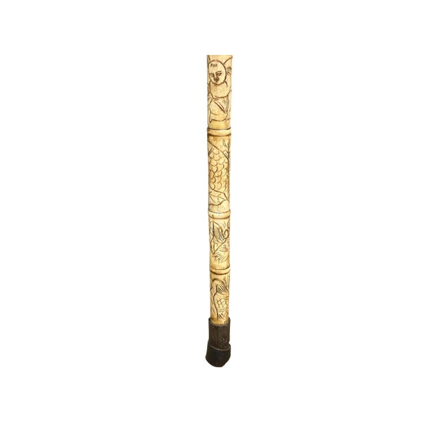 Wood Vintage Chinese Old Men Engraved Motif Bone Color Resin Inset Walking Stick For Sale - Image 7 of 12