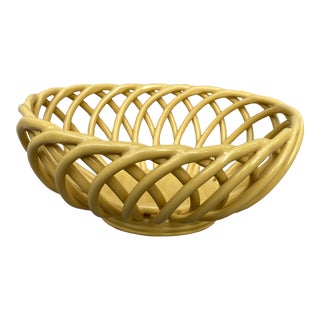 Vintage Yellow Ceramic Basket Serving Bowl For Sale