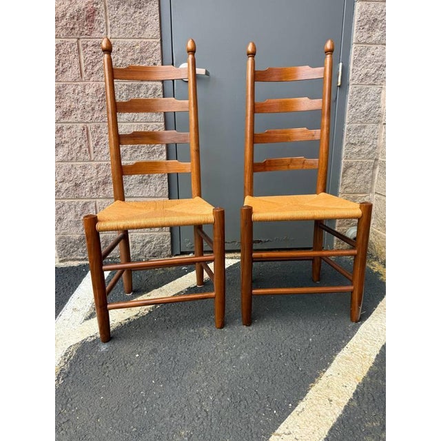 American 20th Century Clore Furniture Set of 10 Shaker Style Walnut Rush Seat Ladder Back Dining Chairs For Sale - Image 3 of 18