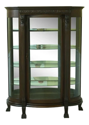 Antique Victorian Oak Lion Carved Bow Front China Cabinet