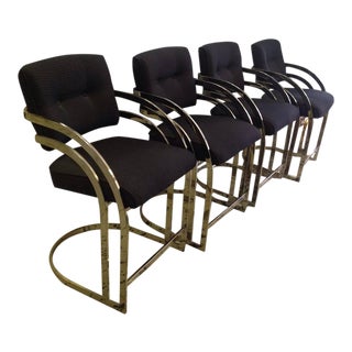 Milo Baughman Style Cantilevered Flat-Bar Brass Bar Stools - S/4 For Sale