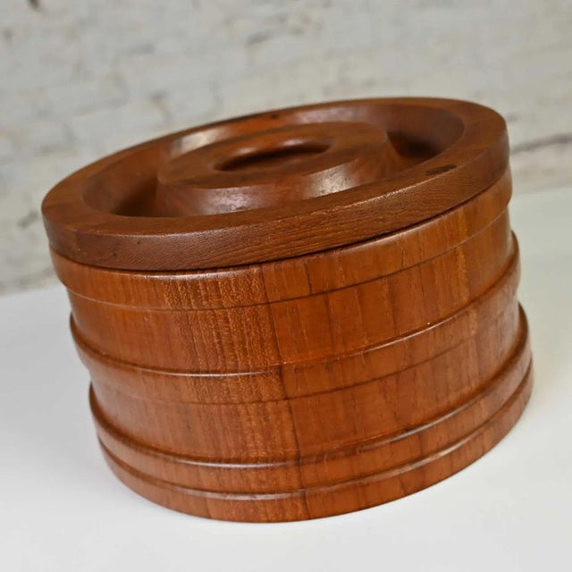 Handsome Scandinavian Modern staved teak ice bucket designed by Jens Quistgaard for Dansk Designs. Beautiful condition,...