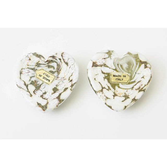 Metal Vintage Murano Glass Heart Sculptures Paperweights 50's Pair of White, Gold For Sale - Image 7 of 12