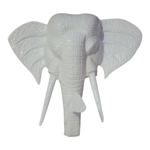 Vintage Painted Gloss White Metal Regency Elephant Head Wall Hanging Decor