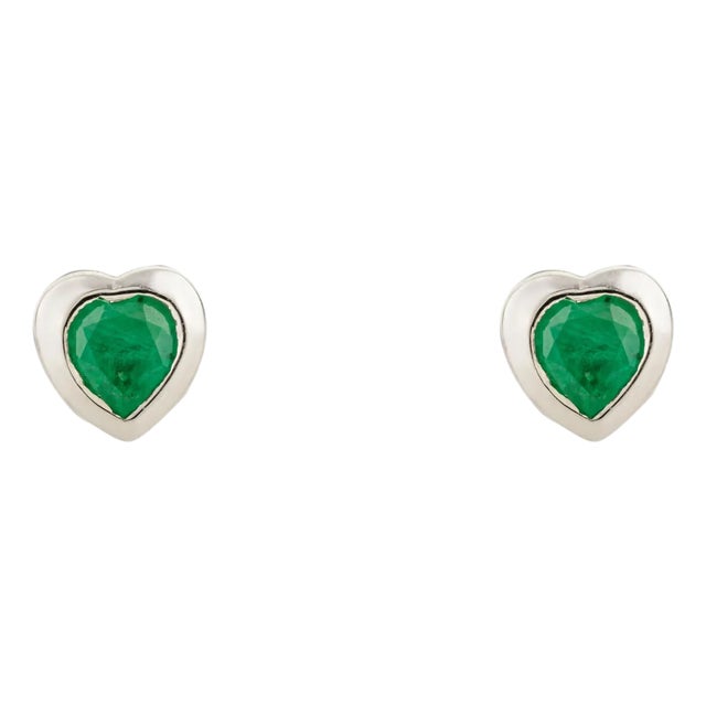 Heart Shaped Emerald Earrings in 14k White Gold Timeless Green Studs For Sale