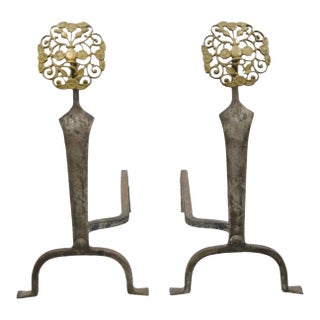 Antique French Art Nouveau Hand Hammered Wrought Iron & Bronze Andirons - A Pair For Sale