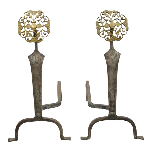 Antique French Art Nouveau Hand Hammered Wrought Iron & Bronze Andirons - A Pair For Sale