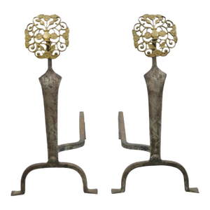 Antique French Art Nouveau Hand Hammered Wrought Iron & Bronze Andirons - A Pair
