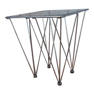Mid Century Modern Geometric Inverted Pyramidal Chrome Base Glass Top Side Table For Sale