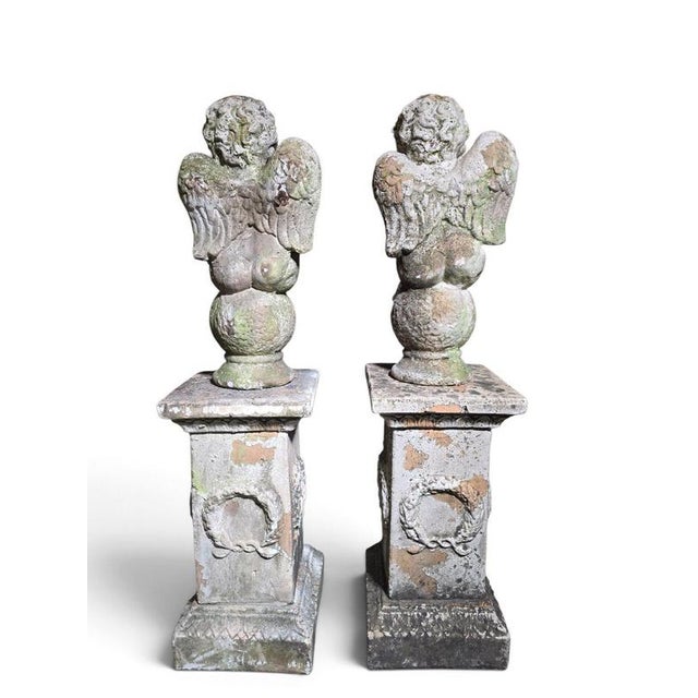 Ceramic Italian Artist, Cherub Sculptures on Pedestals, 19th Century, Terracotta, Set of 2 For Sale - Image 7 of 12