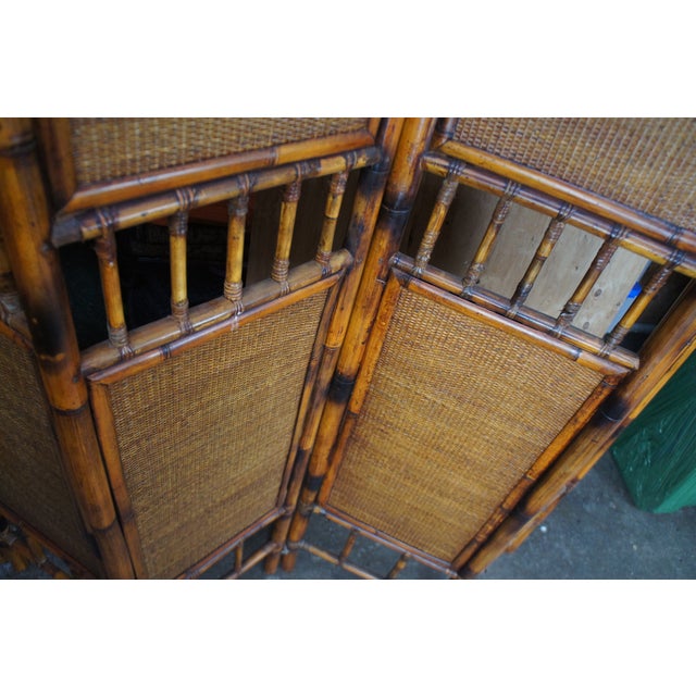 Late 20th Century Large Vintage 5 Panel Scorched Bamboo & Rattan Folding Screen Room Divider For Sale - Image 5 of 12