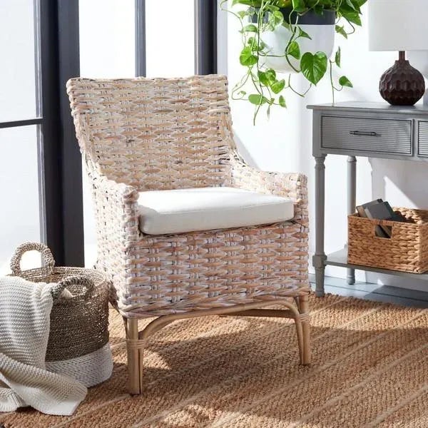 Contemporary Cristen Rattan Accent Chair with Cushion - Natural White Wash/ White For Sale - Image 3 of 11
