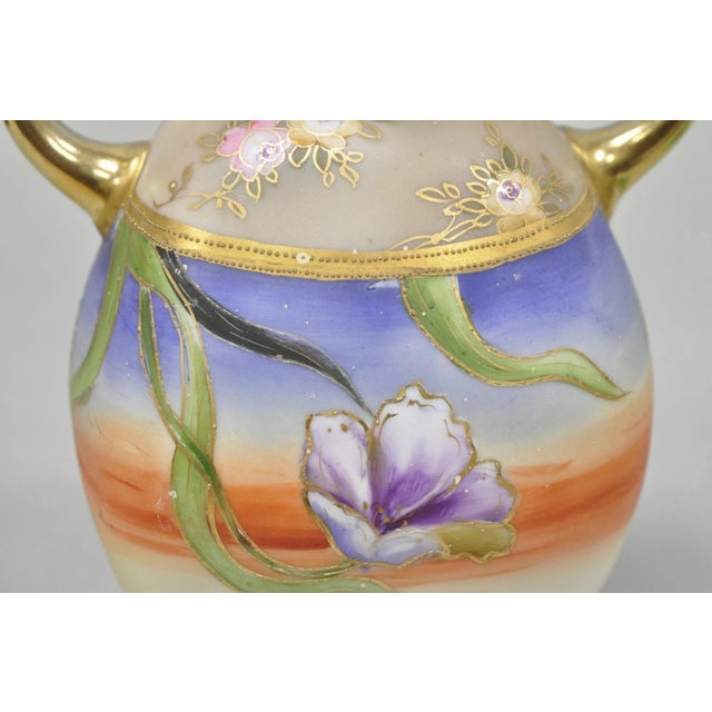 Antique Nippon Moriage Hand Painted Porcelain Purple Iris & Gold Gilt Vase Pair For Sale - Image 14 of 18