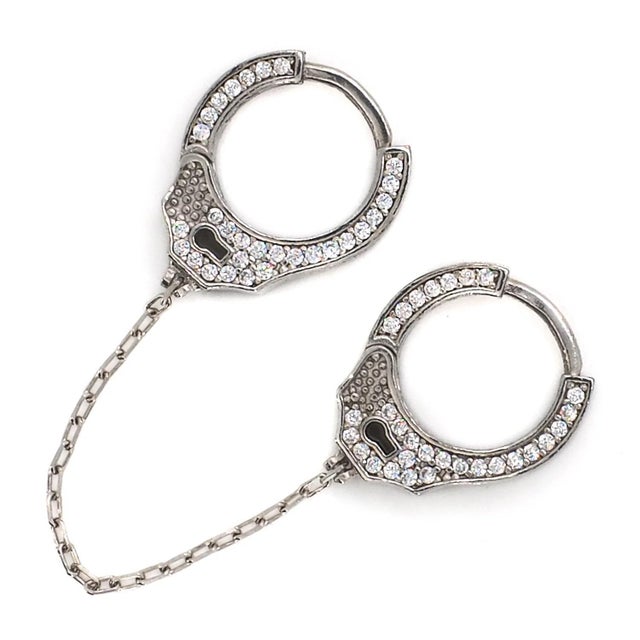 Early 21st Century Sterling Silver & Diamond Handcuff Design Earrings For Sale - Image 5 of 8