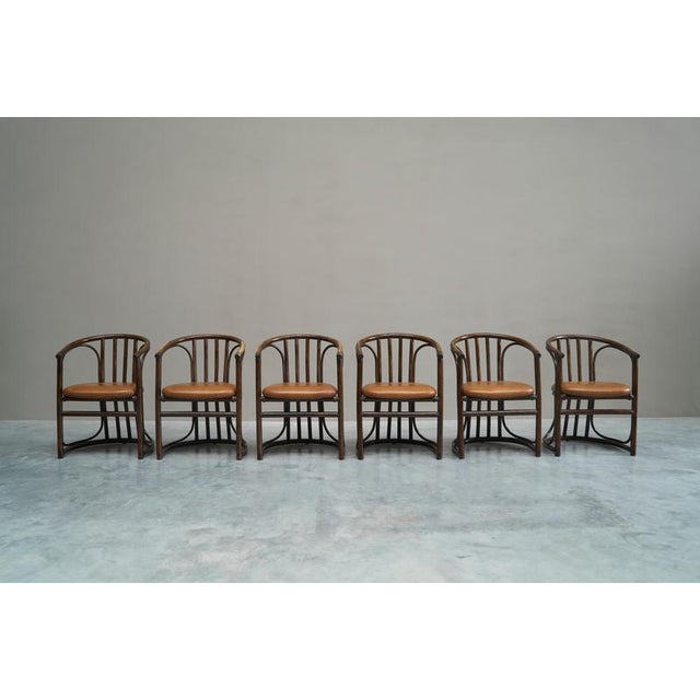 Mid-Century Chairs in Bamboo and Patinated Cognac Leather, 1960s, Set of 6 For Sale - Image 4 of 18