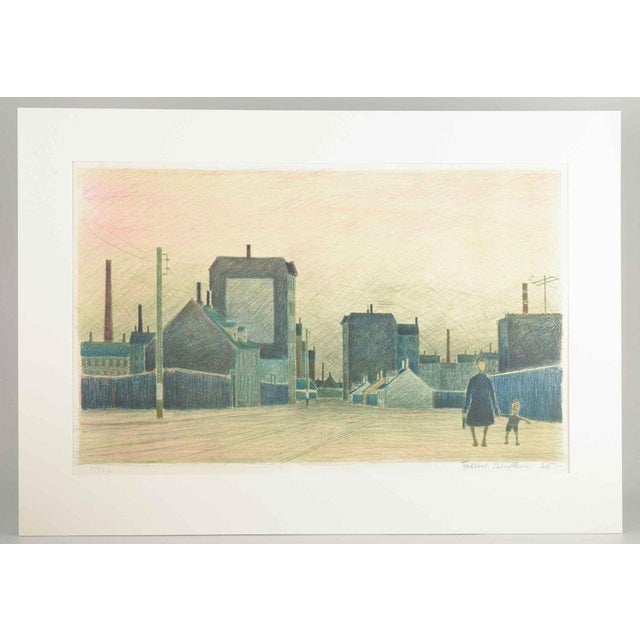Folmer Bendtsen (1907–1993) Color lithograph. A characteristic scene from the working-class district, where the open...
