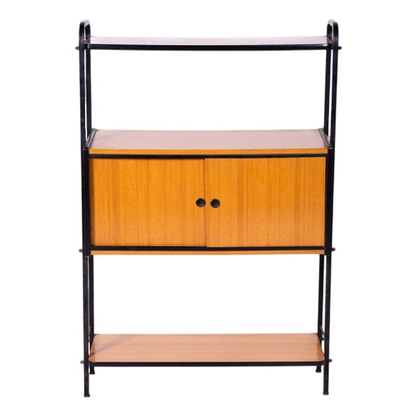 Vintage Teak Cabinet with Metal Frame and Sliding Doors For Sale