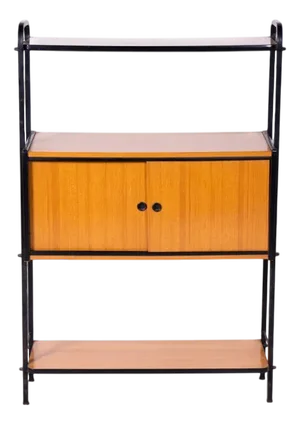 Vintage Teak Cabinet with Metal Frame and Sliding Doors