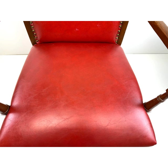1960s Mid 20th Century Red Leather Armchair With Curved Wood Arms and Brass Nailhead Trim For Sale - Image 5 of 12