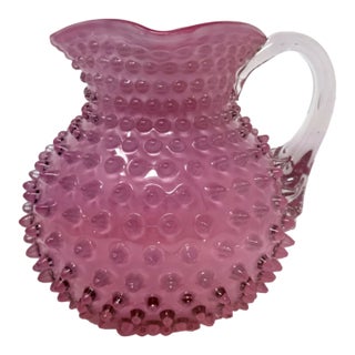 Antique Victorian Hobbs Brockunier Cranberry Glass Hobnail Pitcher - 7" For Sale