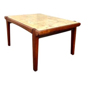Mid-Century Modern Teak Side Table + Faux Stone Inset Top