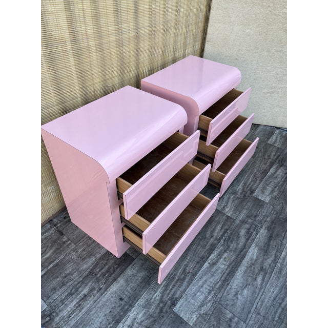 A Pair of Custom Made Postmodern Pink Waterfall Formica Nightstands. Circa 1980s For Sale - Image 13 of 18