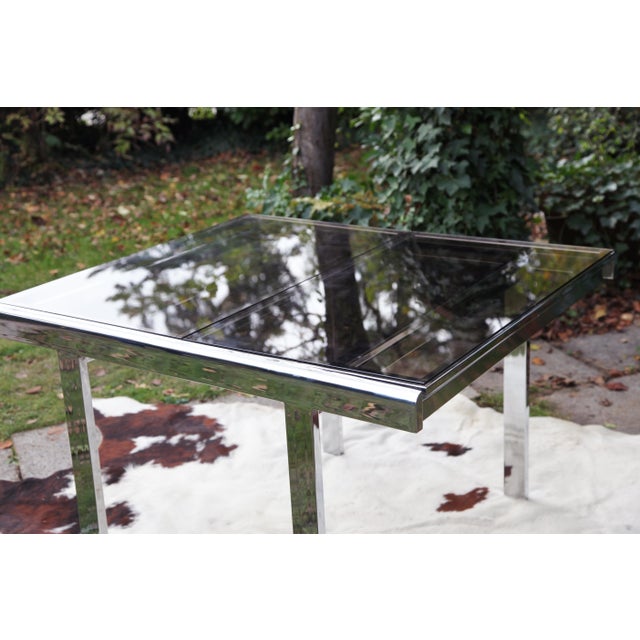 Postmodern 70s Attributed to Milo Baughman Chrome + Glass Extendable Dining Table / Desk Table Square to Rectangular For Sale - Image 12 of 16