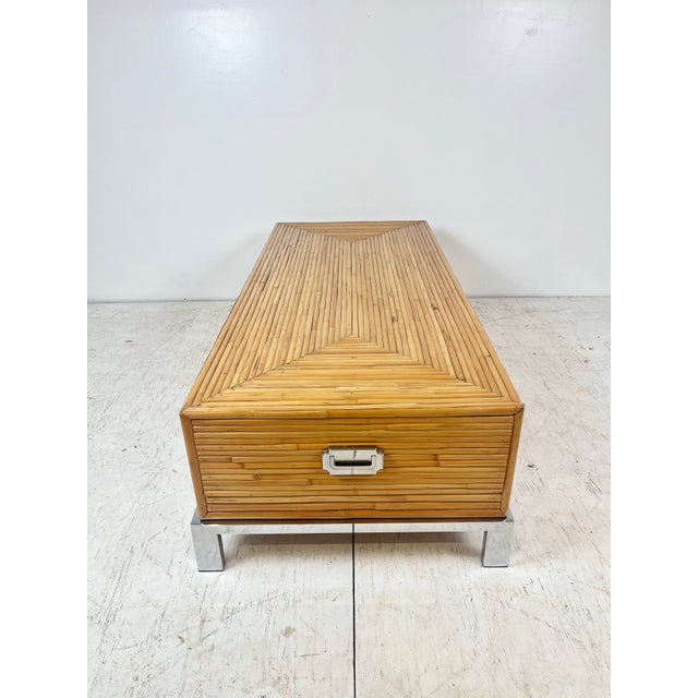 Vintage Milo Baughman Style Split Reed Rattan Bamboo Chrome Coffee Table For Sale - Image 10 of 12