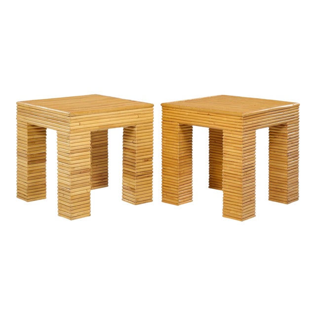 McGuire Style Mid Century Rattan Side Tables - Pair For Sale