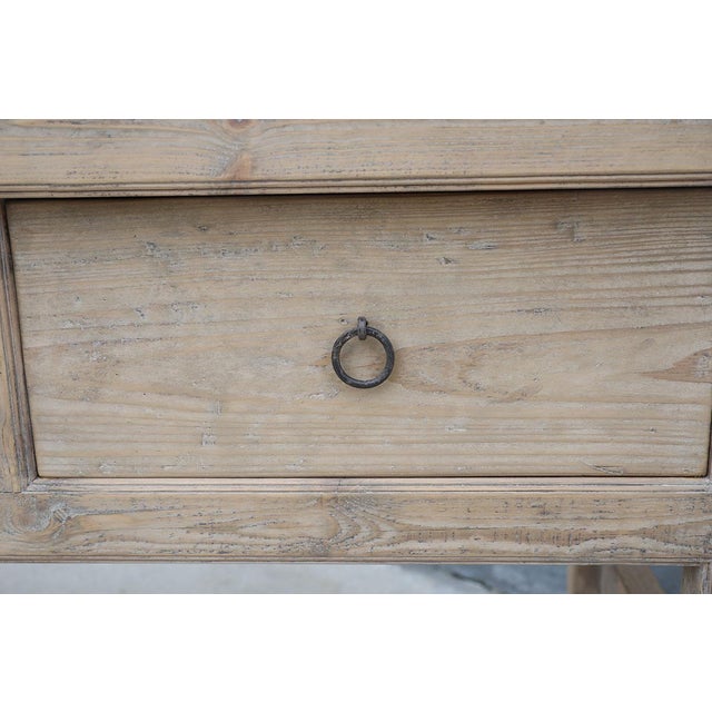 Vintage Chinese Bleached Pine Console Table, of substantial proportions, with a 2" thick slab top, 3 deep drawers and end...