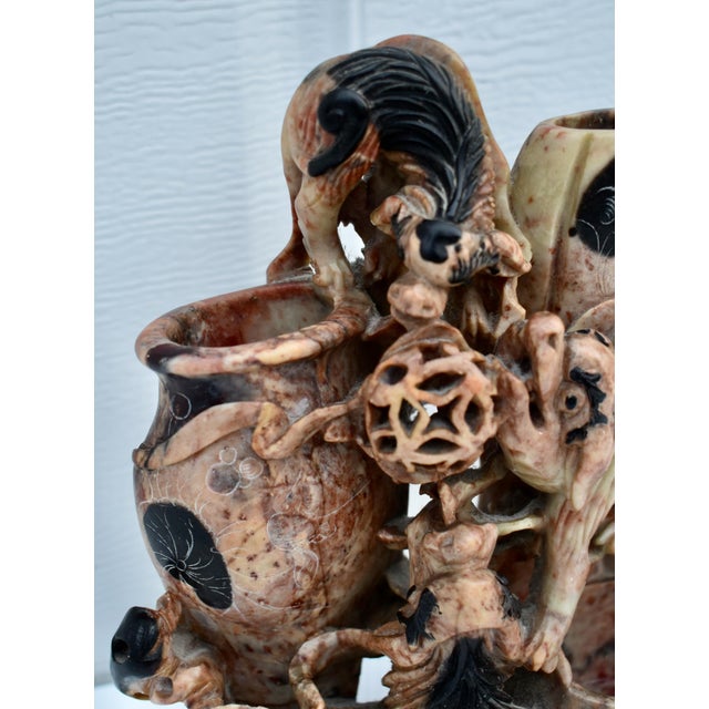 Brown Antique Animal Carved Soapstone Triple Vase Sculpture For Sale - Image 8 of 14