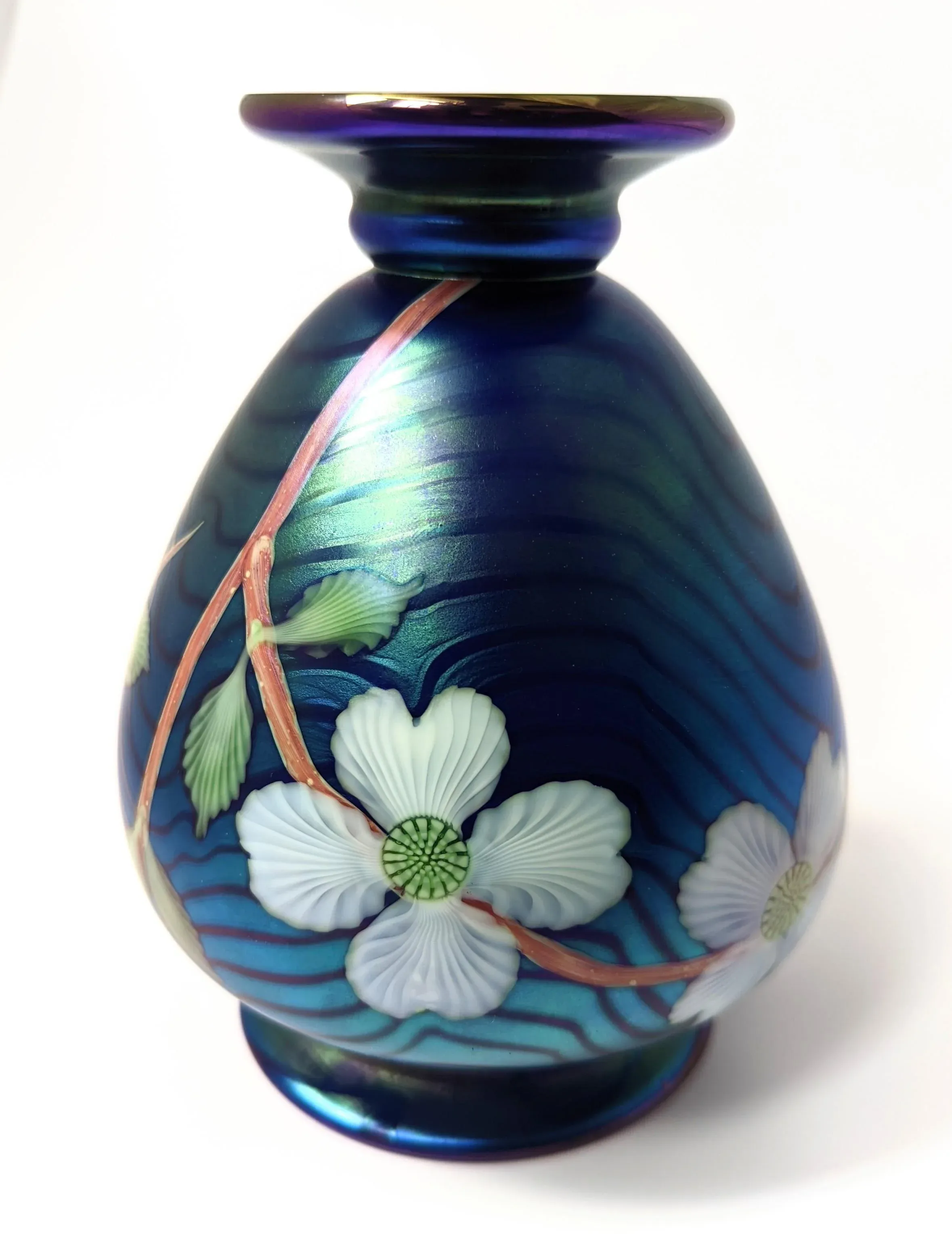 Artisan Signed Orient & Flume Iridescent Floral Blue Art Glass