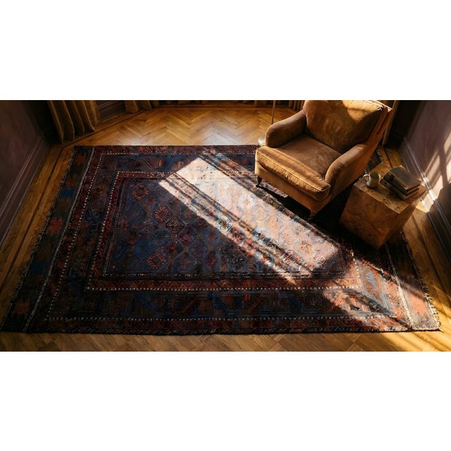 Royal Blue Handmade Baluch Rug Draws With Geometric Artistry Afghan Baluch Teimani Main Rug For Sale - Image 8 of 10