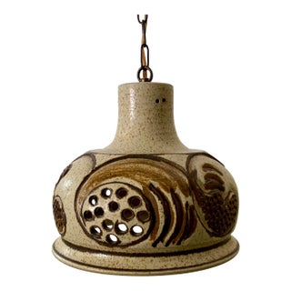 Vintage Danish Ceramic Pendant Lamp, Rustic Mid-Century Design With Perforated Pattern For Sale