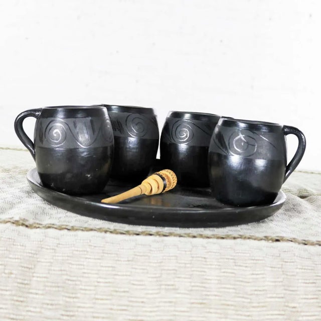Mid 20th Century Vintage Black Clay Barro Negro Pottery Hot Chocolate Set Oaxaca Mexico 4 Mugs and Fish Tray - 6 pcs For Sale - Image 5 of 13