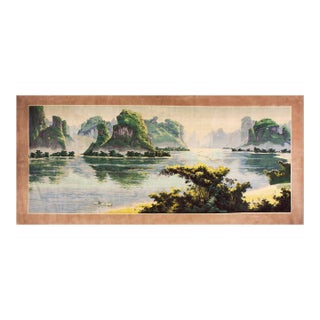1980s Vintage Large Long and Narrow Size Chinese Scenic Pictorial Knotted Rug For Sale