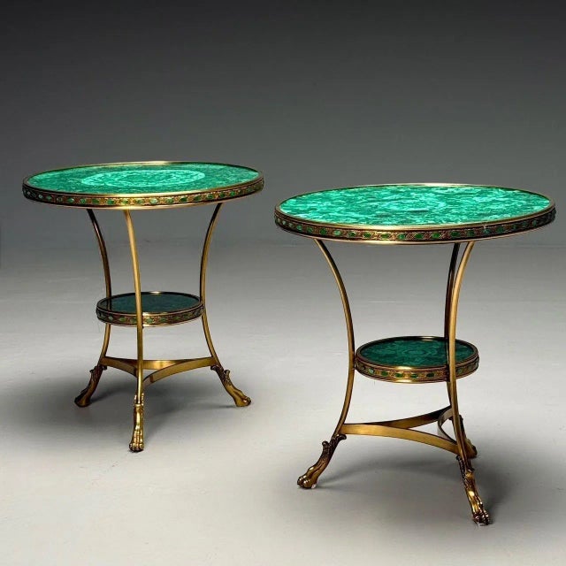 Louis XVI Style, Jeweled Gueridons, Malachite, Bronze, France, 20th C. For Sale - Image 4 of 11