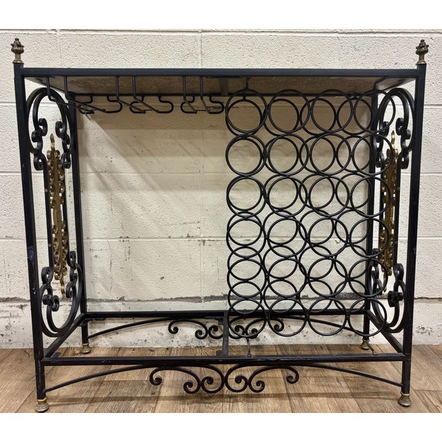 Black Vintage Hollywood Regency Style Iron and Brass Bar and Wine Rack For Sale - Image 8 of 10