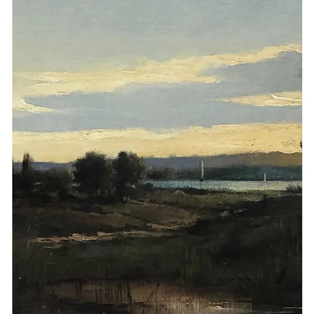 N. Junod, Voiliers sur le lac dans un paysage animé, 1898, Oil on Canvas For Sale - Image 4 of 7