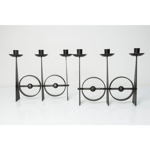 Scandinavian Brutalist Wrought Iron 3-Light Candleholders, 1960s, Set of 2 For Sale - Image 4 of 9