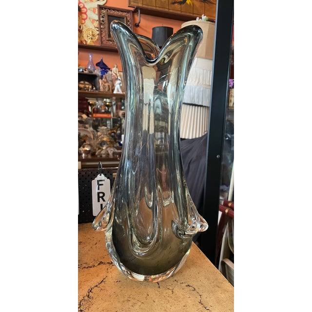 Thick Glass Murano Style Swung Drape Vase comes in a Smoke Color . Thick Chunky Glass Vase .