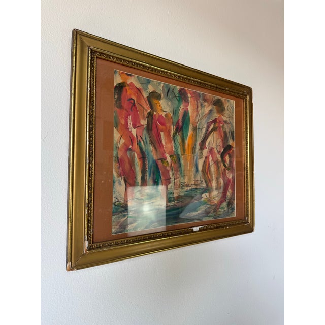 Vibrant and full of movement, this 1961 abstract watercolor by Virel captures a dynamic composition of loosely rendered...